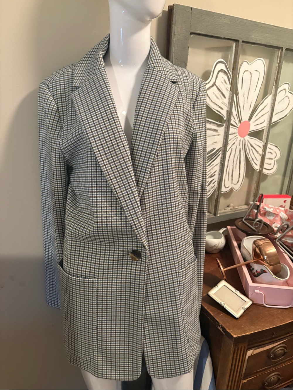 a new day Black and White and blue Checked Long Blazer